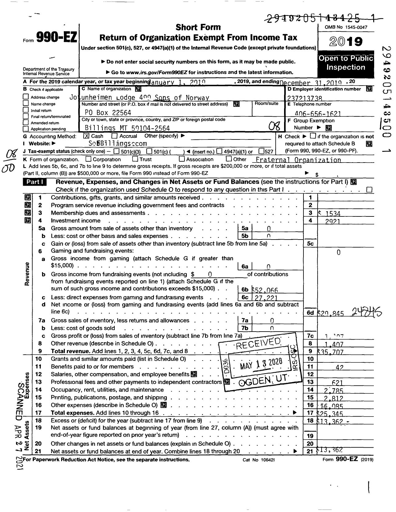 Image of first page of 2019 Form 990EO for Sons of Norway - 4-499 Jotunheimen