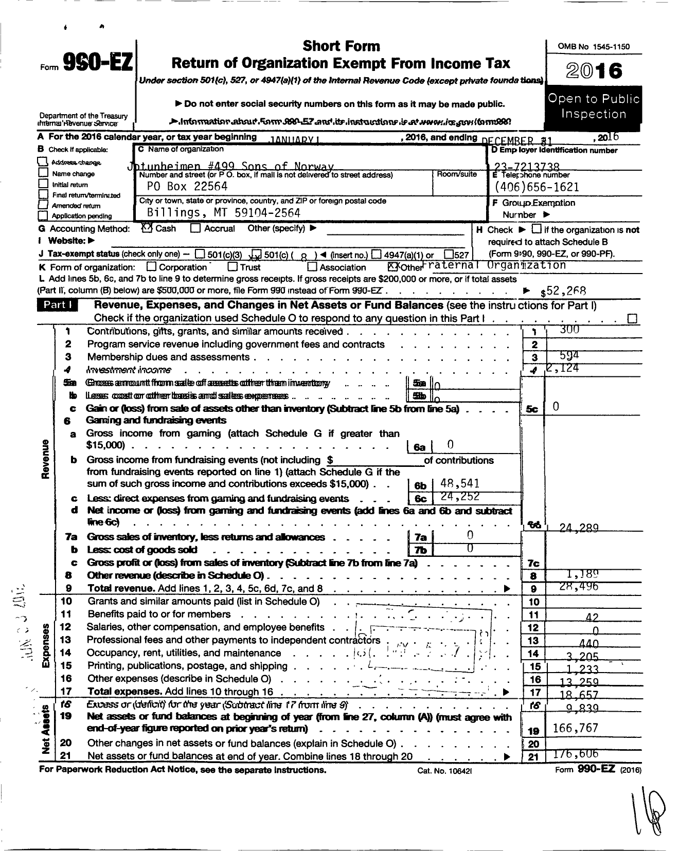 Image of first page of 2016 Form 990EO for Sons of Norway - 4-499 Jotunheimen