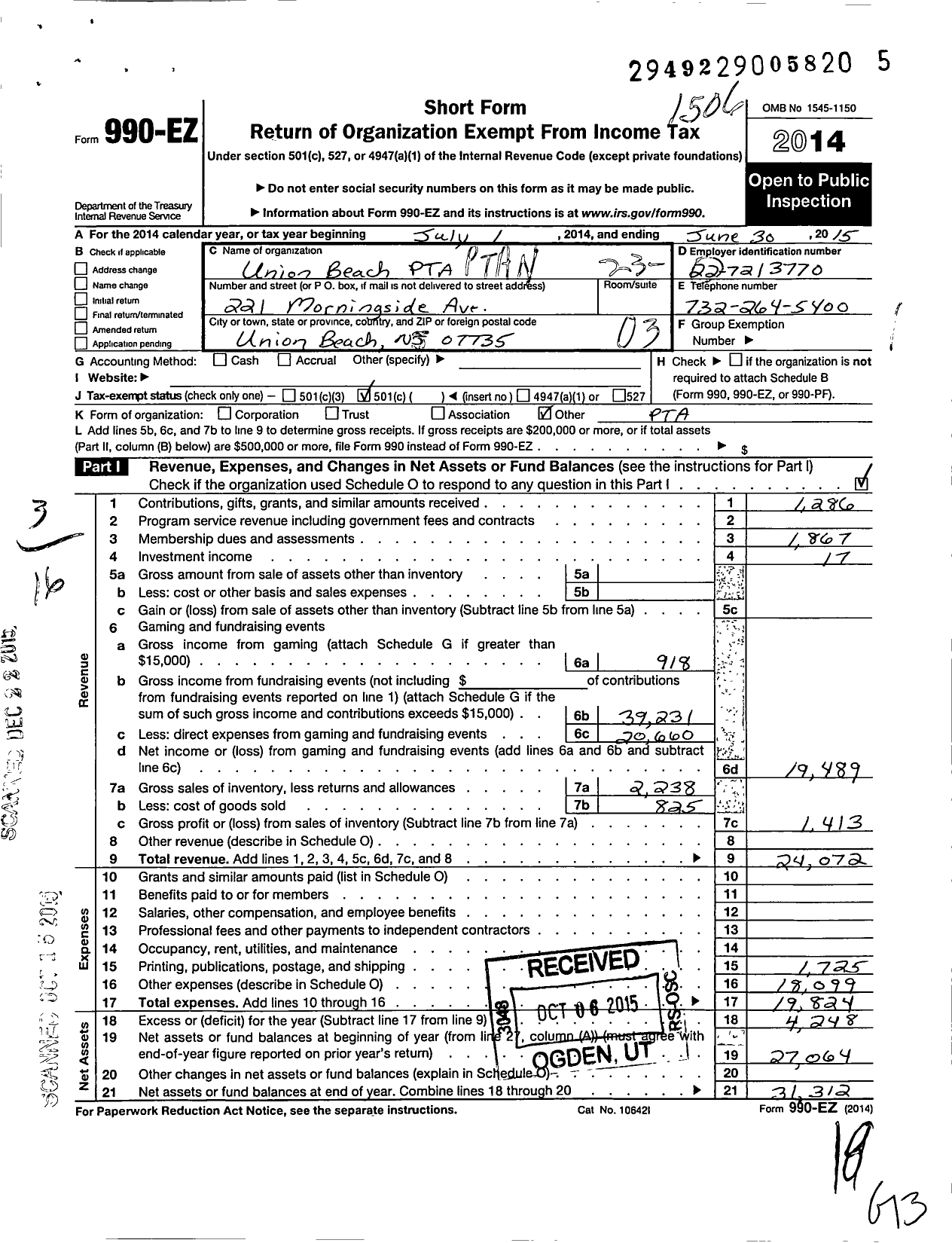 Image of first page of 2014 Form 990EO for New Jersey PTA - 18860 Union Beach PTA