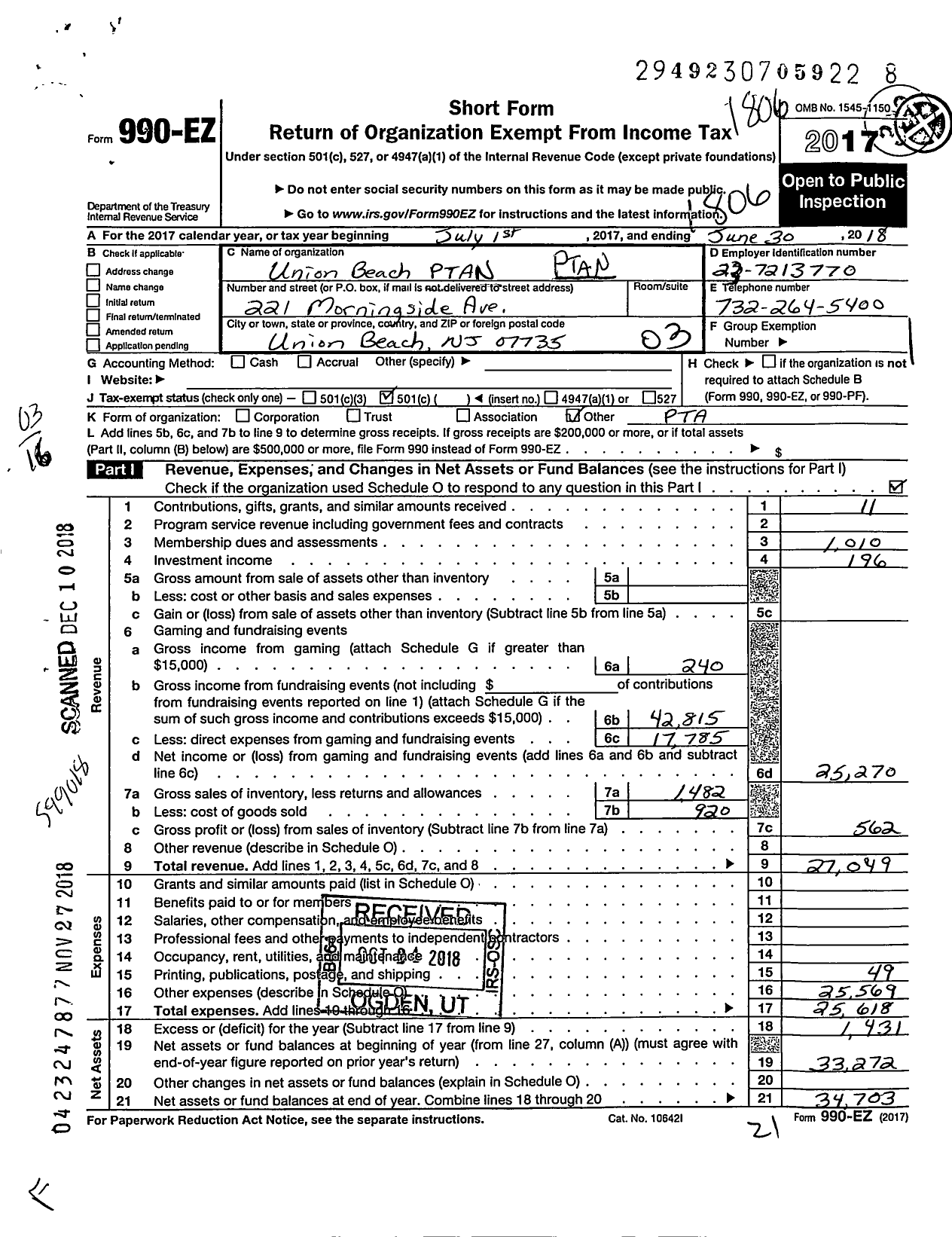 Image of first page of 2017 Form 990EZ for New Jersey PTA - 18860 Union Beach PTA