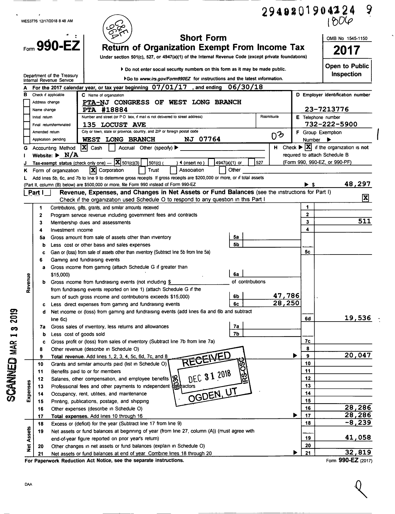 Image of first page of 2017 Form 990EZ for New Jersey PTA - 18884 West Long Branch PTA