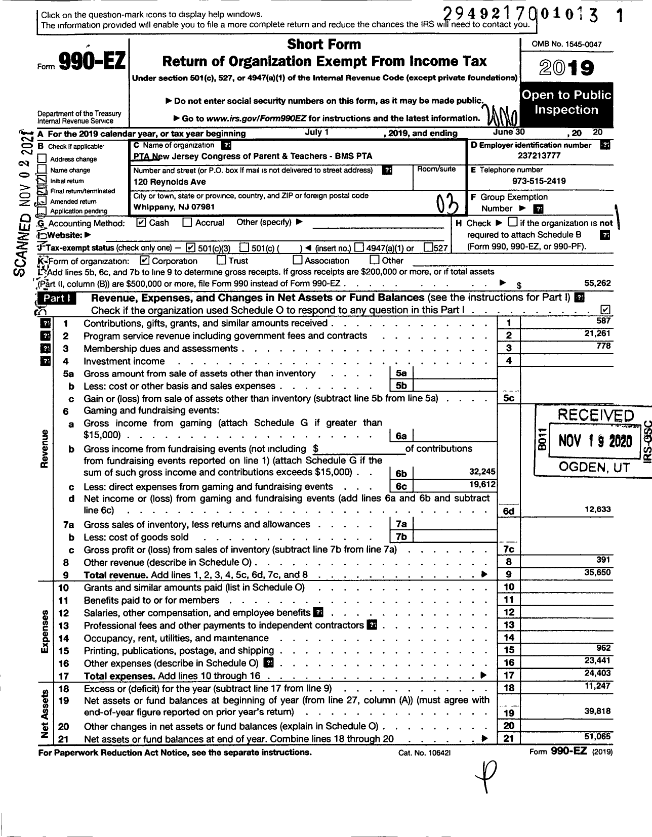 Image of first page of 2019 Form 990EZ for New Jersey PTA - 18950 Bee Meadow School PTA