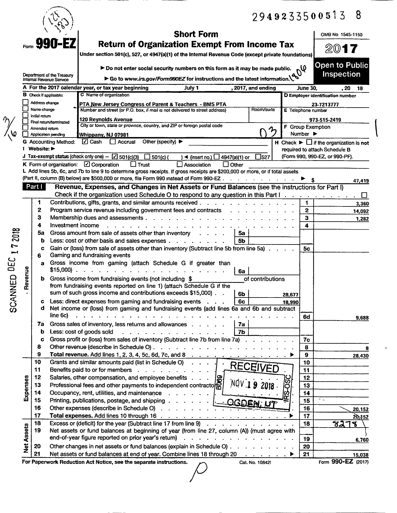 Image of first page of 2017 Form 990EZ for New Jersey PTA - 18950 Bee Meadow School PTA