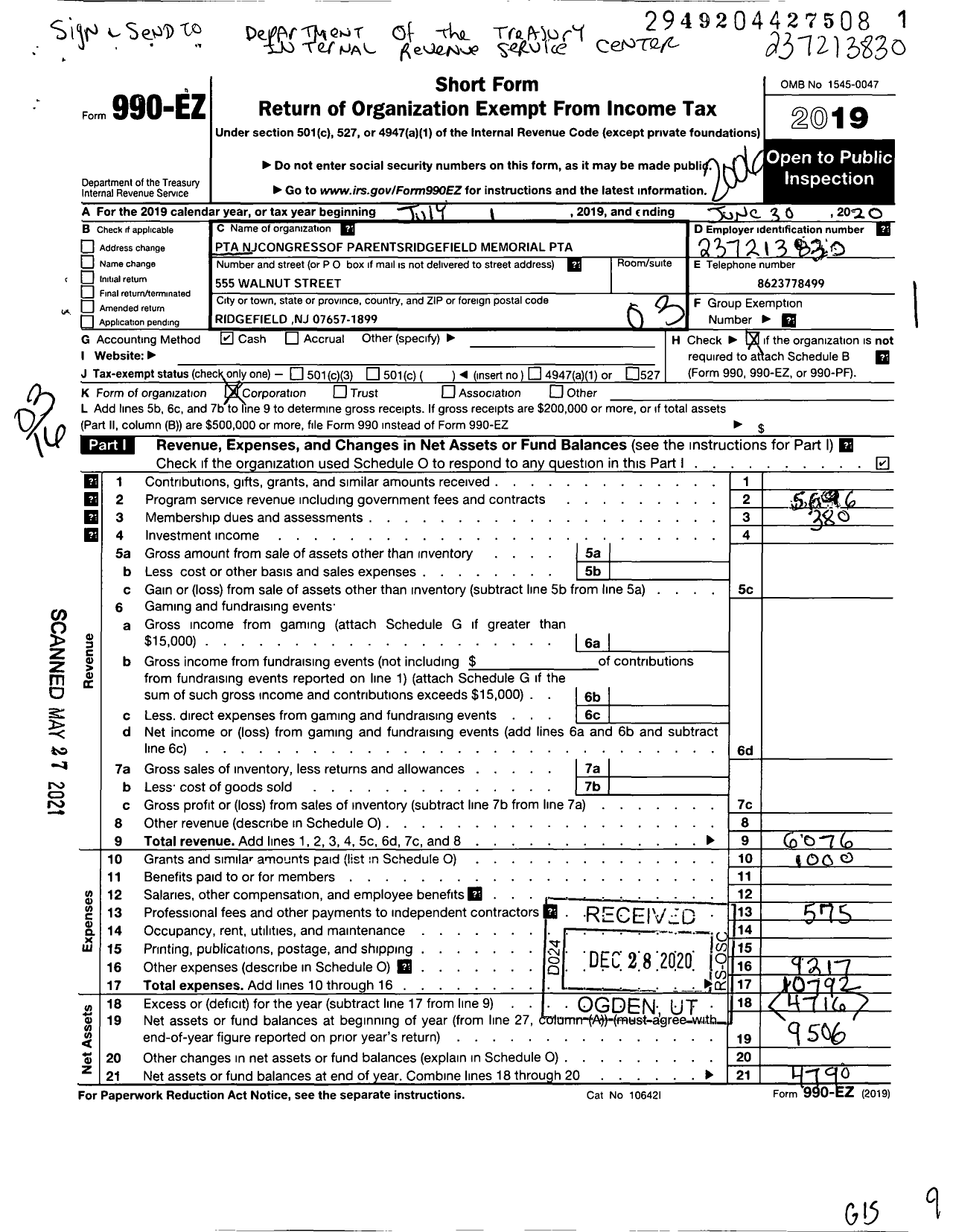 Image of first page of 2019 Form 990EZ for New Jersey PTA - 18814 Ridgefield Memorial H SCH PTA