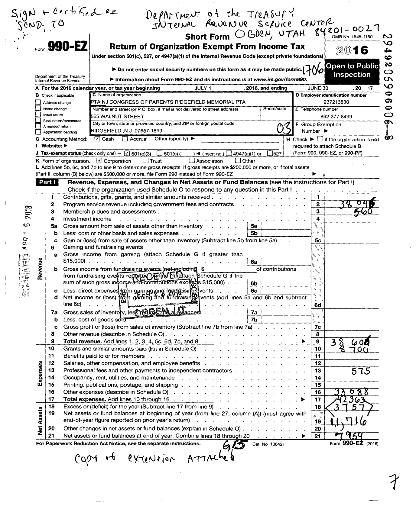 Image of first page of 2016 Form 990EZ for New Jersey PTA - 18814 Ridgefield Memorial H SCH PTA