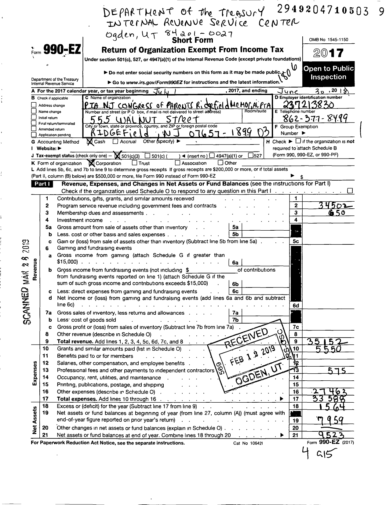 Image of first page of 2017 Form 990EZ for New Jersey PTA - 18814 Ridgefield Memorial H SCH PTA