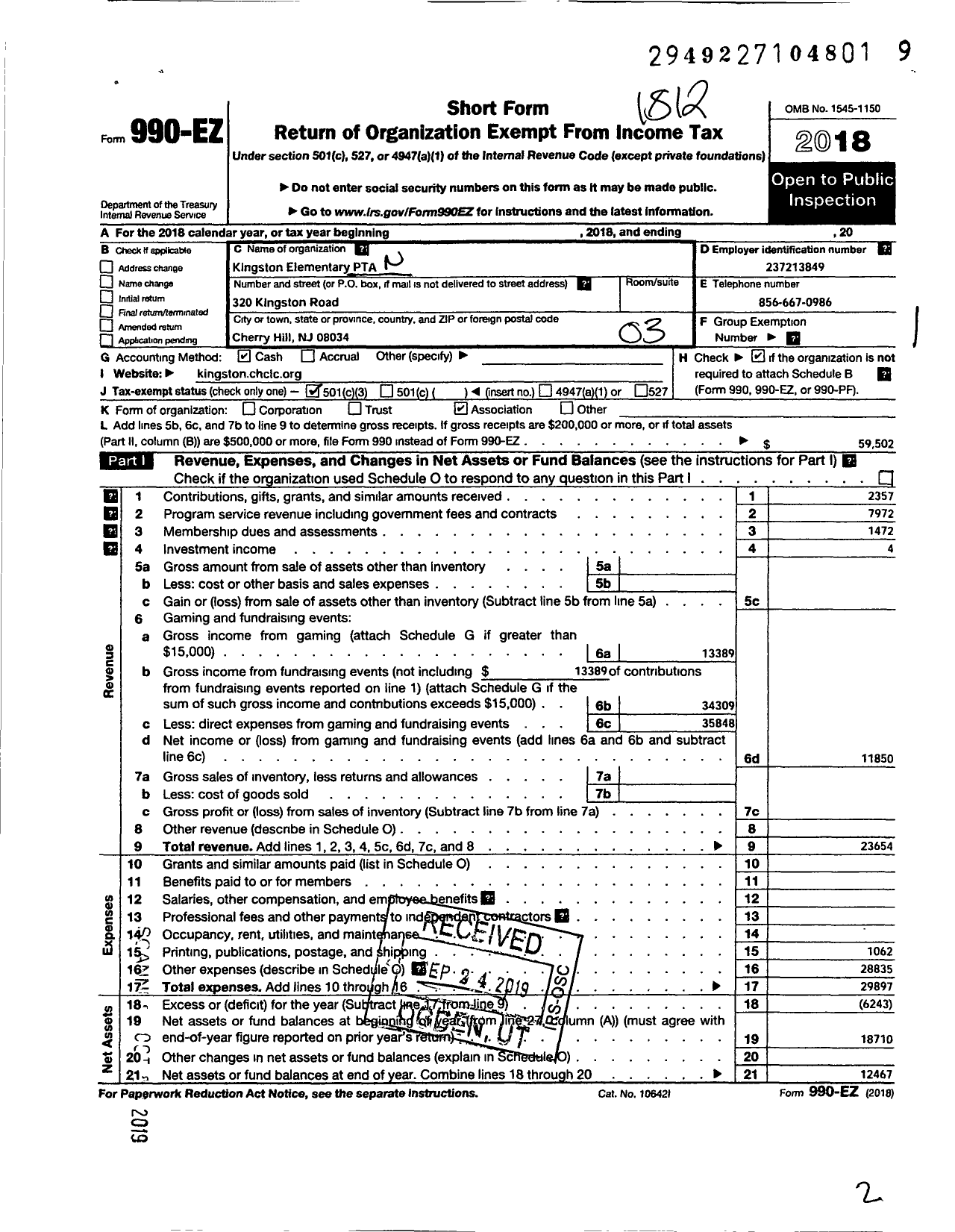 Image of first page of 2018 Form 990EZ for New Jersey PTA - 18990 Kingston School PTA