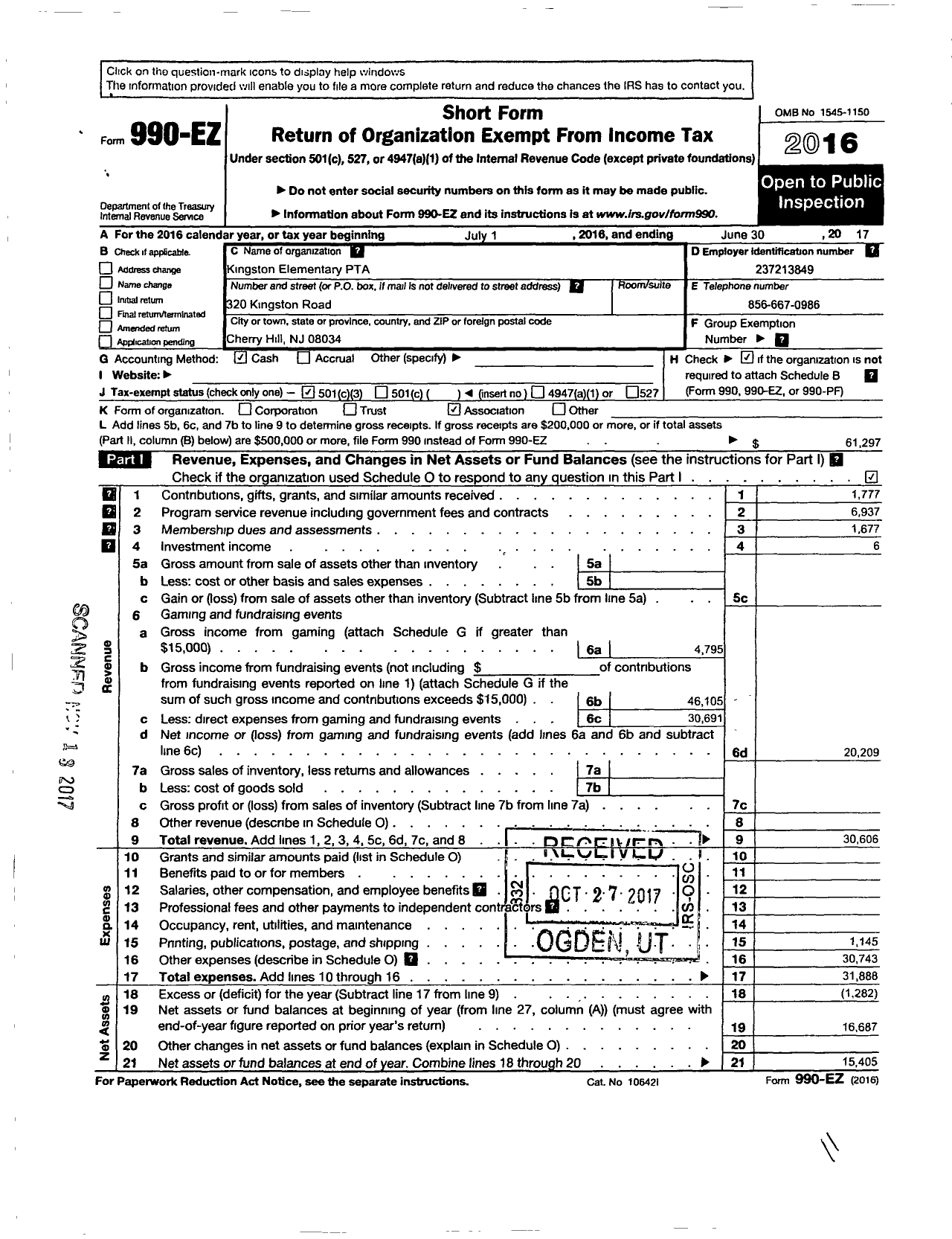 Image of first page of 2016 Form 990EZ for New Jersey PTA - 18990 Kingston School PTA