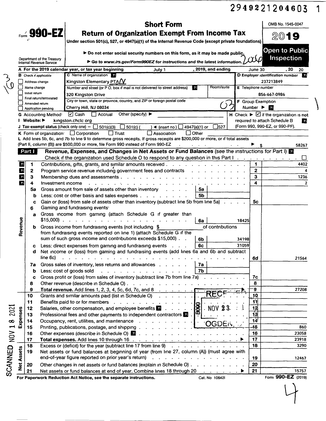 Image of first page of 2019 Form 990EZ for New Jersey PTA - 18990 Kingston School PTA