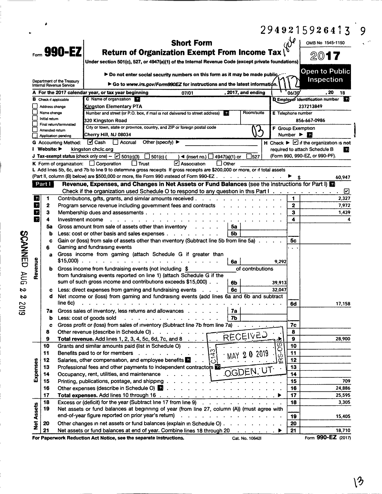 Image of first page of 2017 Form 990EZ for New Jersey PTA - 18990 Kingston School PTA