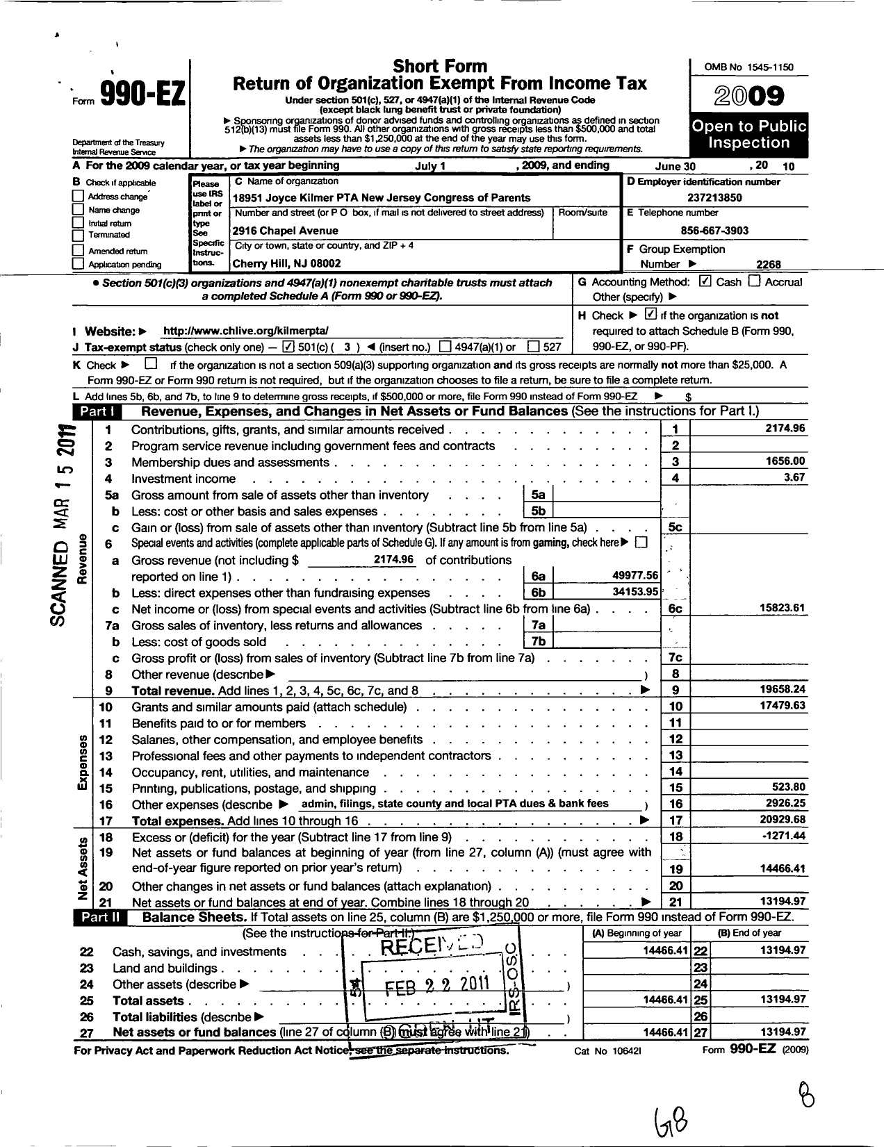 Image of first page of 2009 Form 990EZ for New Jersey PTA - 18951 Joyce Kilmer PTA