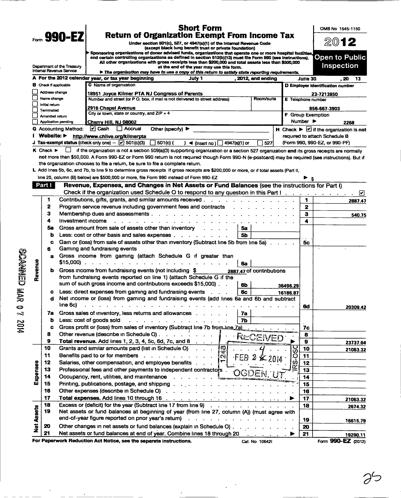 Image of first page of 2012 Form 990EZ for New Jersey PTA - 18951 Joyce Kilmer PTA