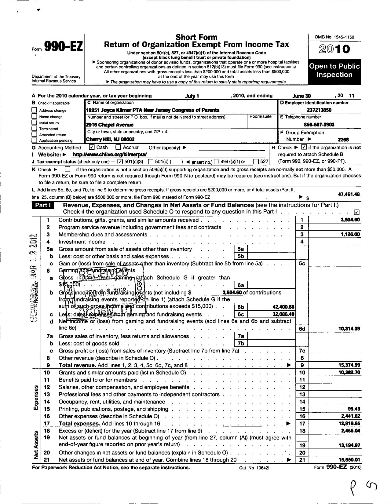 Image of first page of 2010 Form 990EZ for New Jersey PTA - 18951 Joyce Kilmer PTA