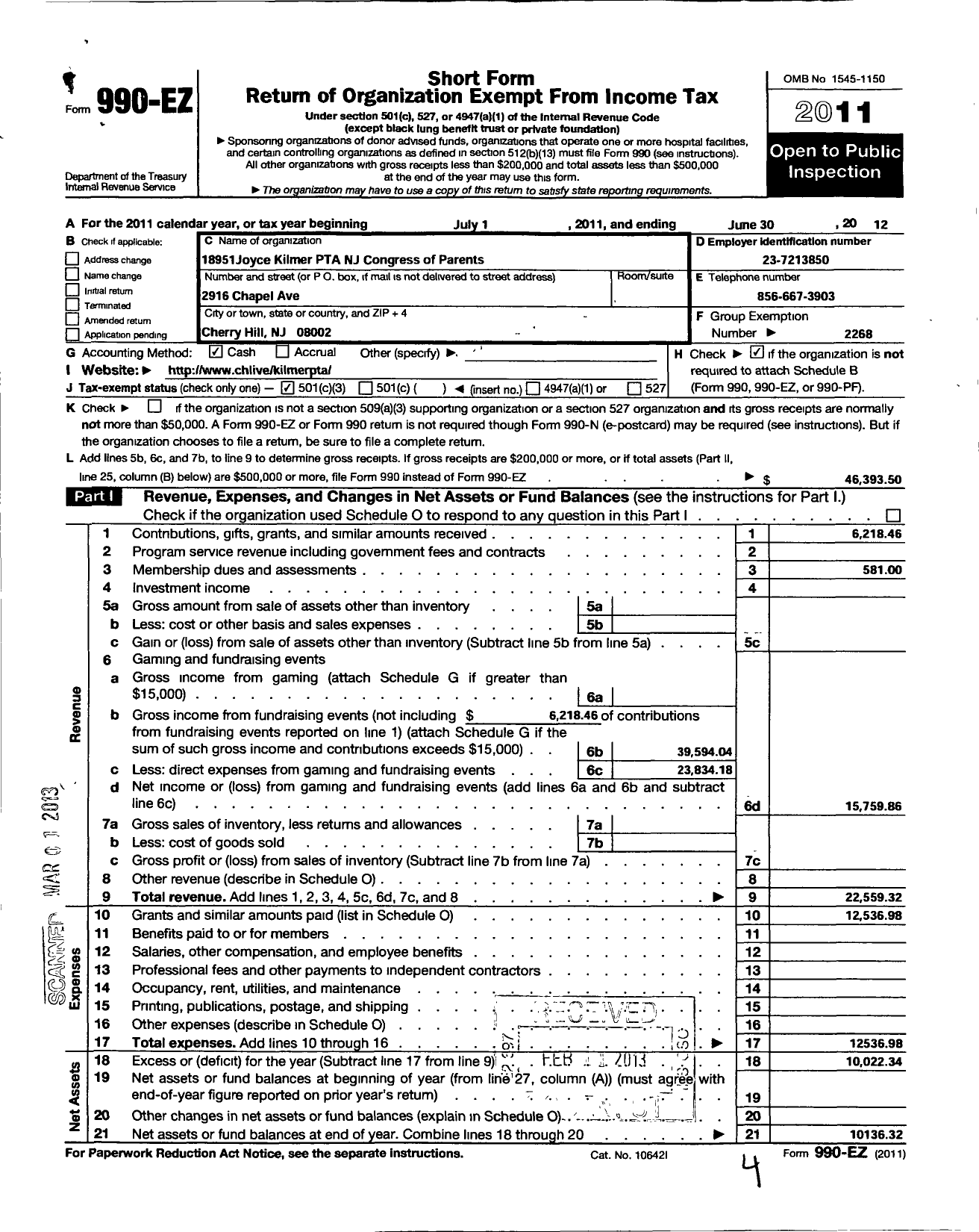 Image of first page of 2011 Form 990EZ for New Jersey PTA - 18951 Joyce Kilmer PTA