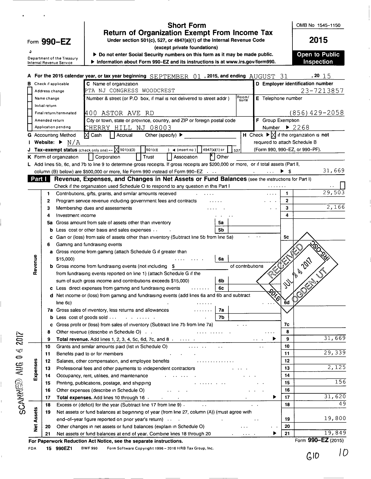 Image of first page of 2014 Form 990EZ for New Jersey PTA - 18961 Woodcrest PTA