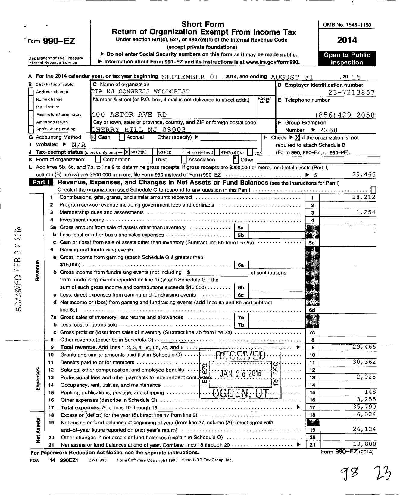 Image of first page of 2014 Form 990EZ for New Jersey PTA - 18961 Woodcrest PTA