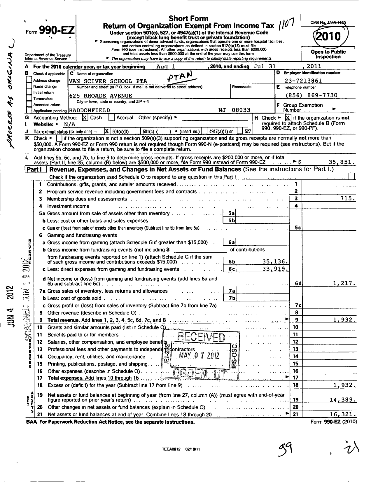 Image of first page of 2010 Form 990EZ for New Jersey PTA - 18989 Van Sciver PTA