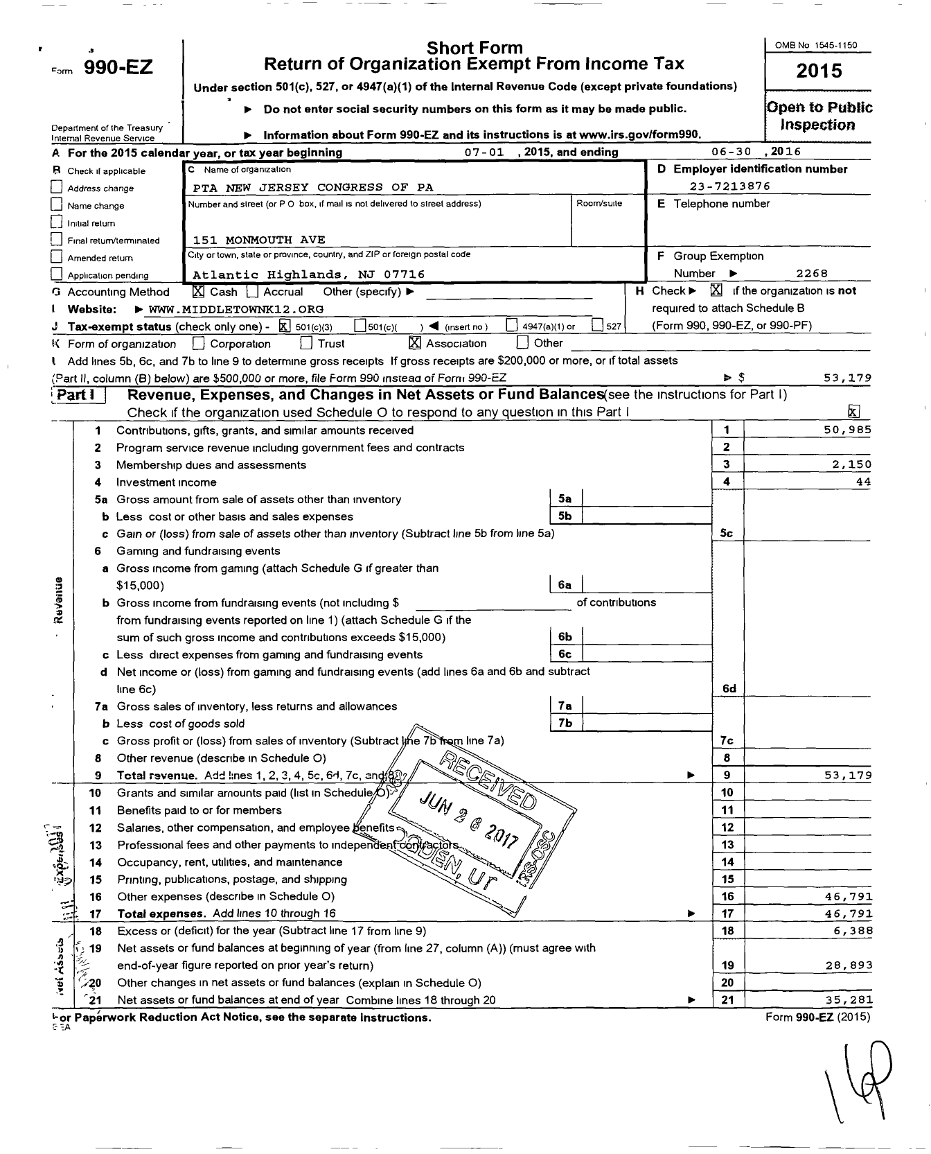 Image of first page of 2015 Form 990EZ for New Jersey PTA - 18880 Navesink PTA