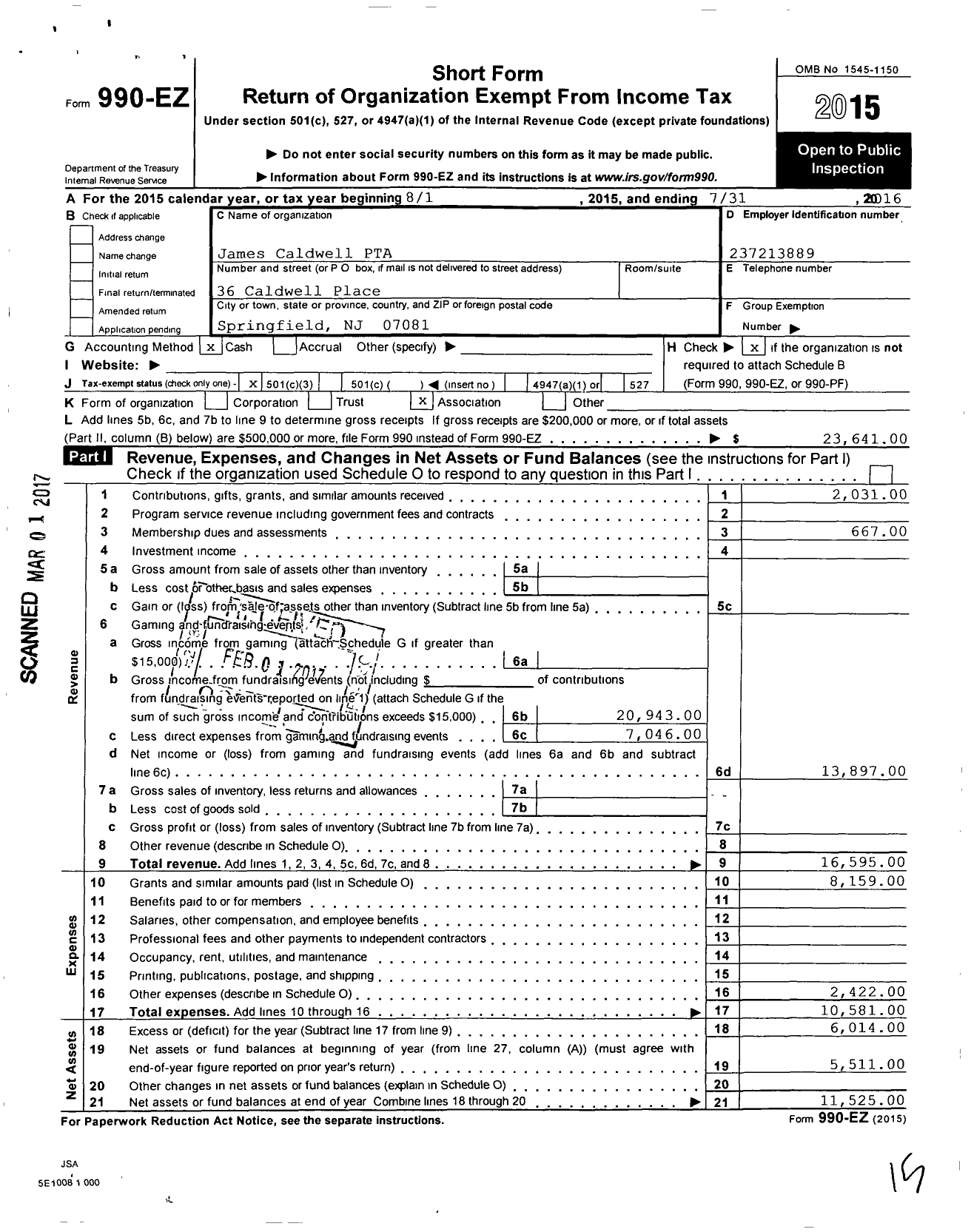 Image of first page of 2015 Form 990EZ for New Jersey PTA - 18634 James Caldwell School PTA