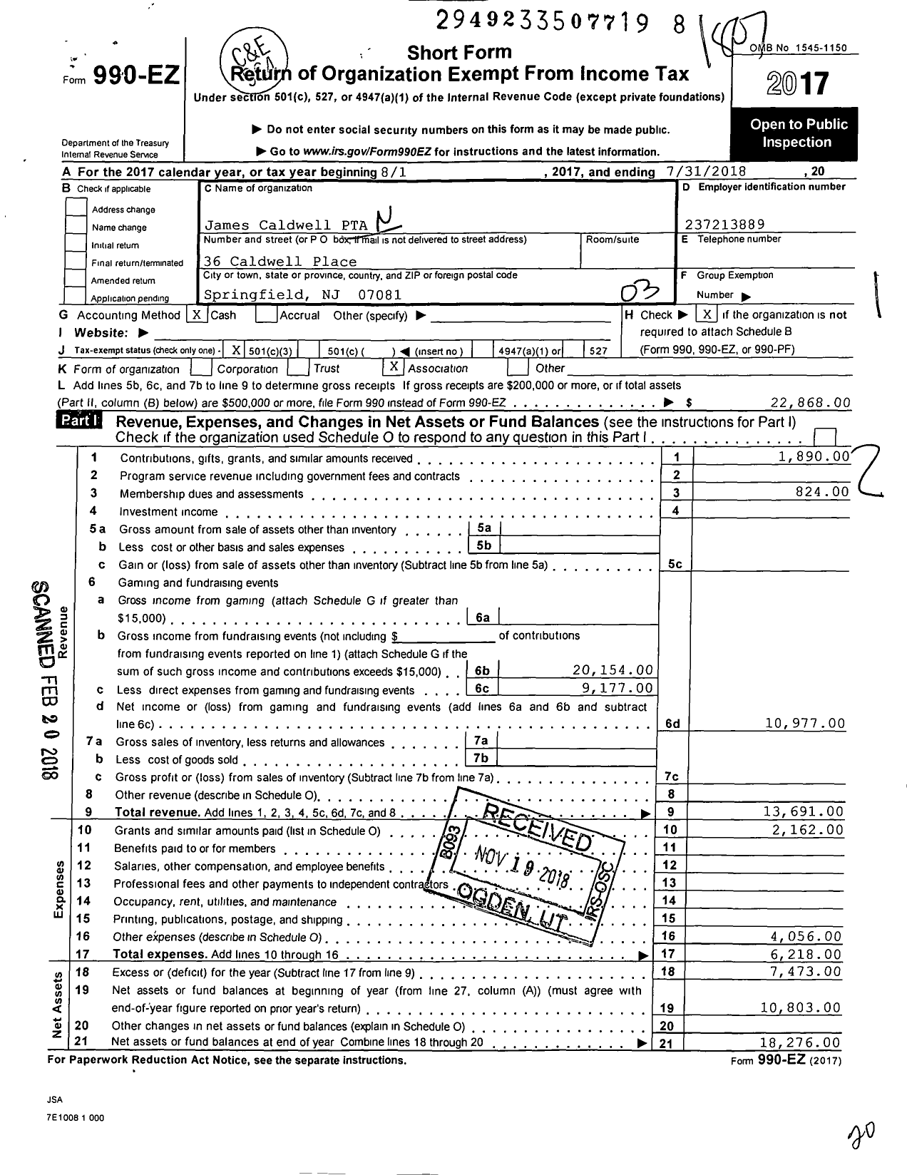 Image of first page of 2017 Form 990EZ for New Jersey PTA - 18634 James Caldwell School PTA