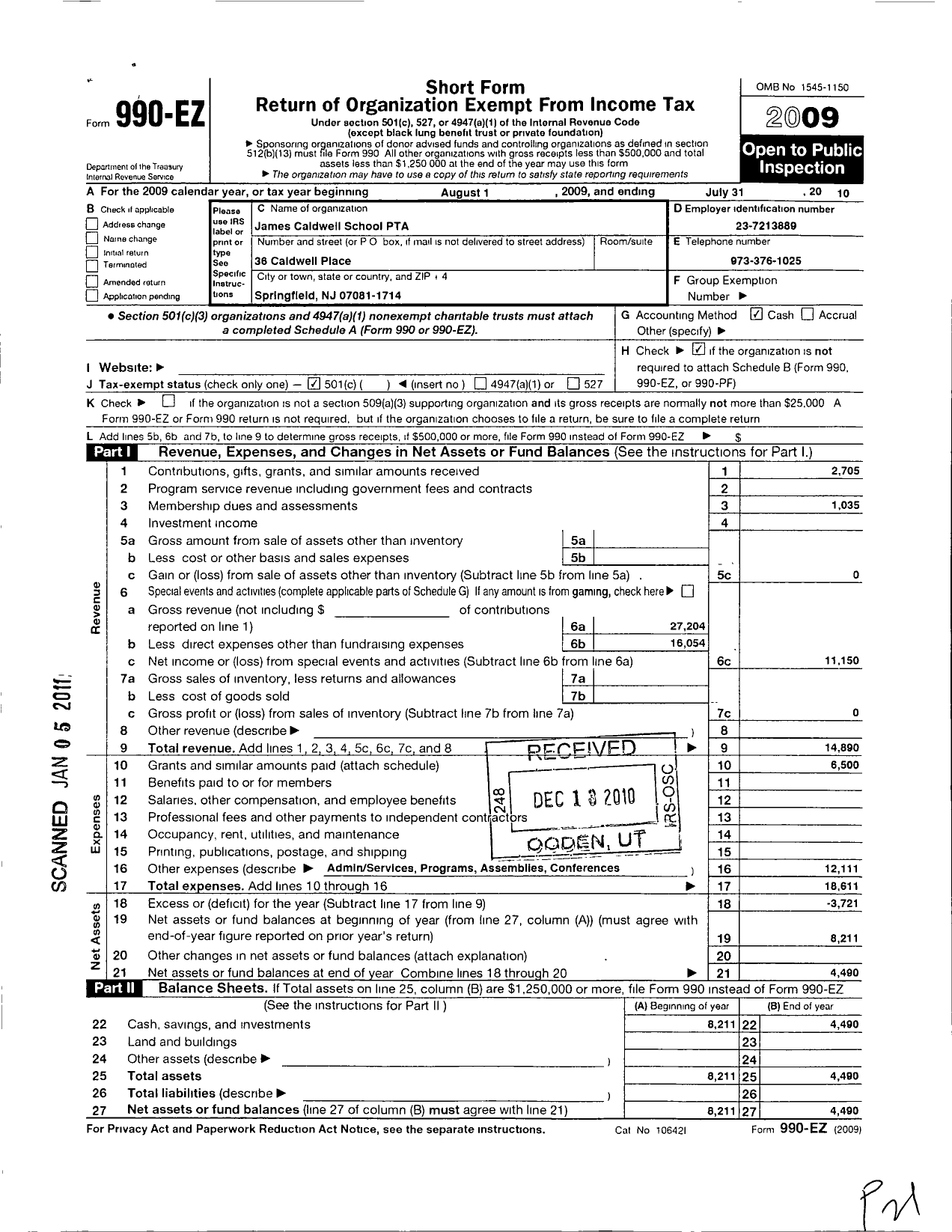 Image of first page of 2009 Form 990EO for New Jersey PTA - 18634 James Caldwell School PTA