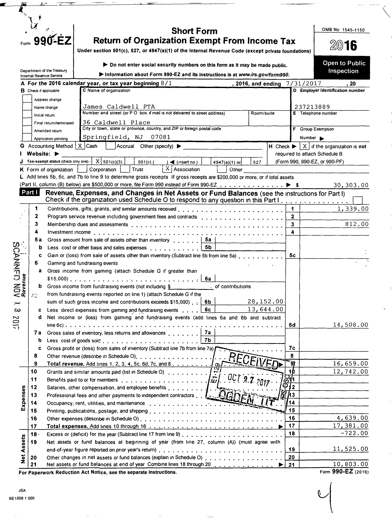 Image of first page of 2016 Form 990EZ for New Jersey PTA - 18634 James Caldwell School PTA