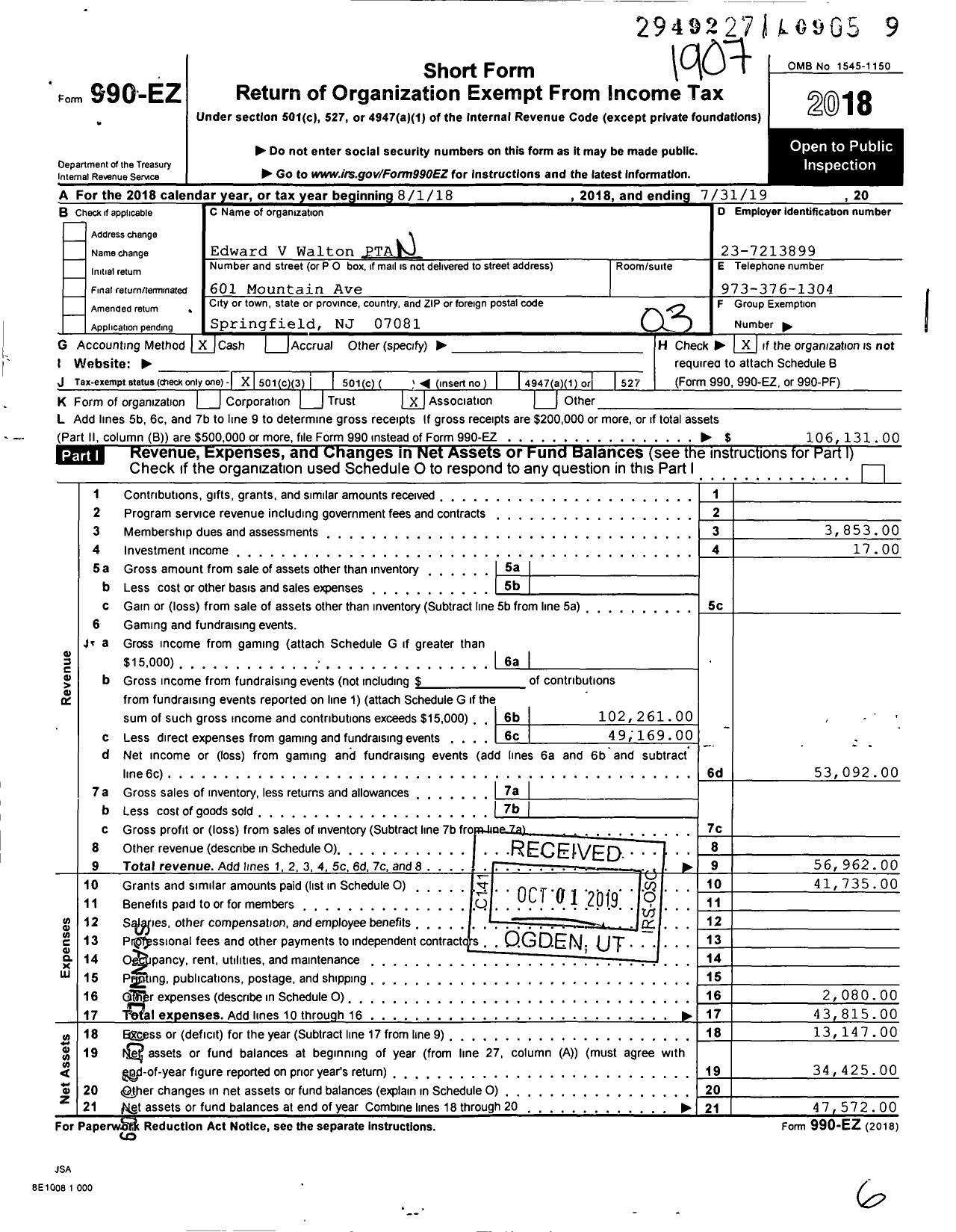 Image of first page of 2018 Form 990EZ for New Jersey PTA - 30905 Edward Walton PTA