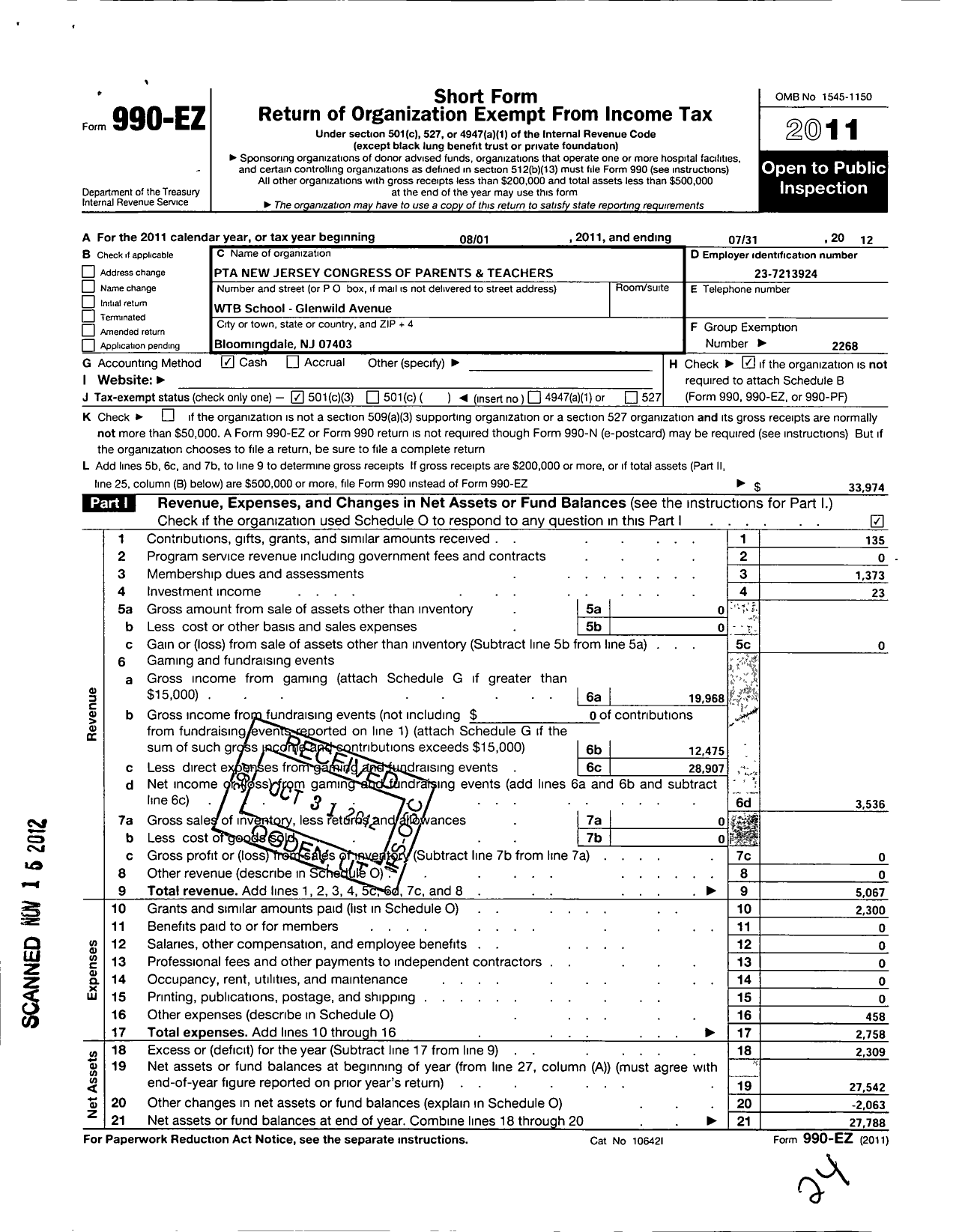 Image of first page of 2011 Form 990EZ for New Jersey PTA - 183741 Bloomingdale PTA