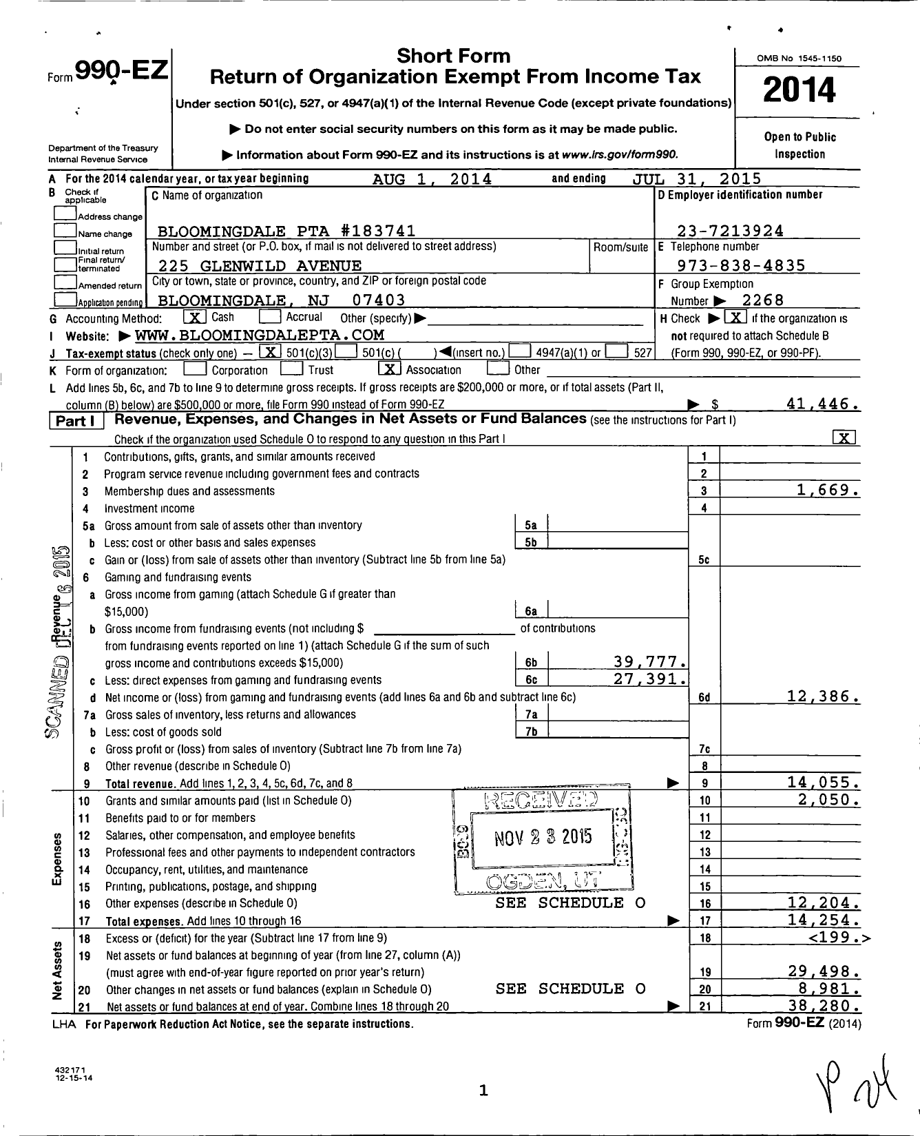 Image of first page of 2014 Form 990EZ for New Jersey PTA - 183741 Bloomingdale PTA