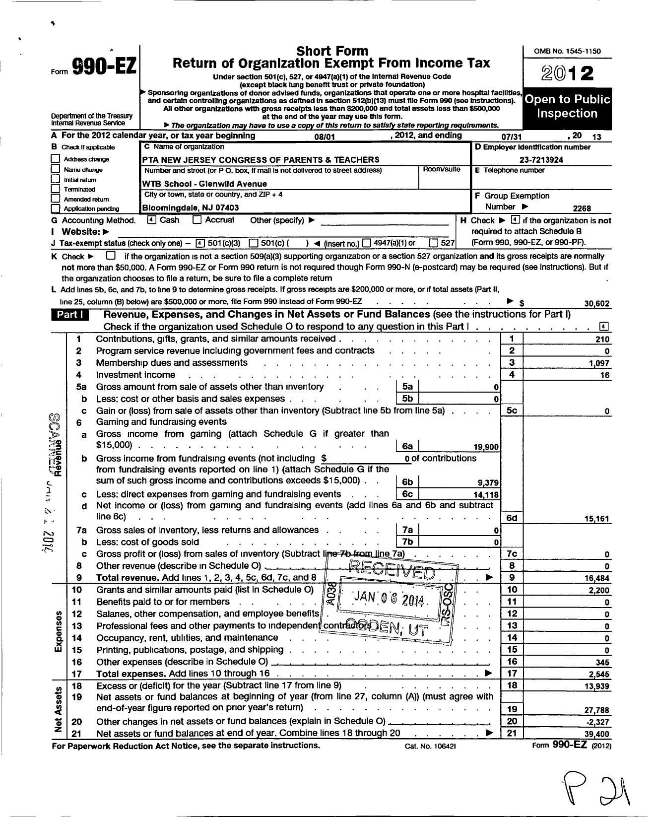 Image of first page of 2012 Form 990EZ for New Jersey PTA - 183741 Bloomingdale PTA