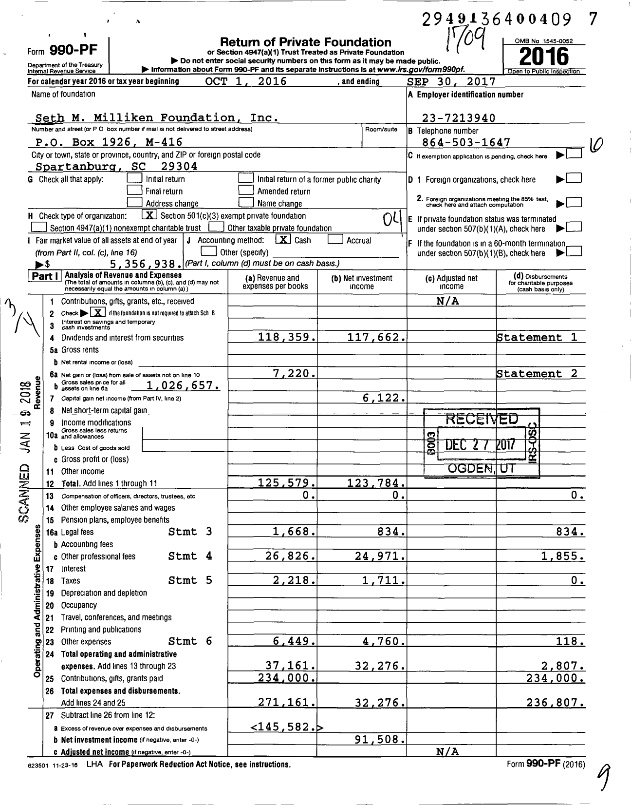 Image of first page of 2016 Form 990PF for Seth M Milliken Foundation