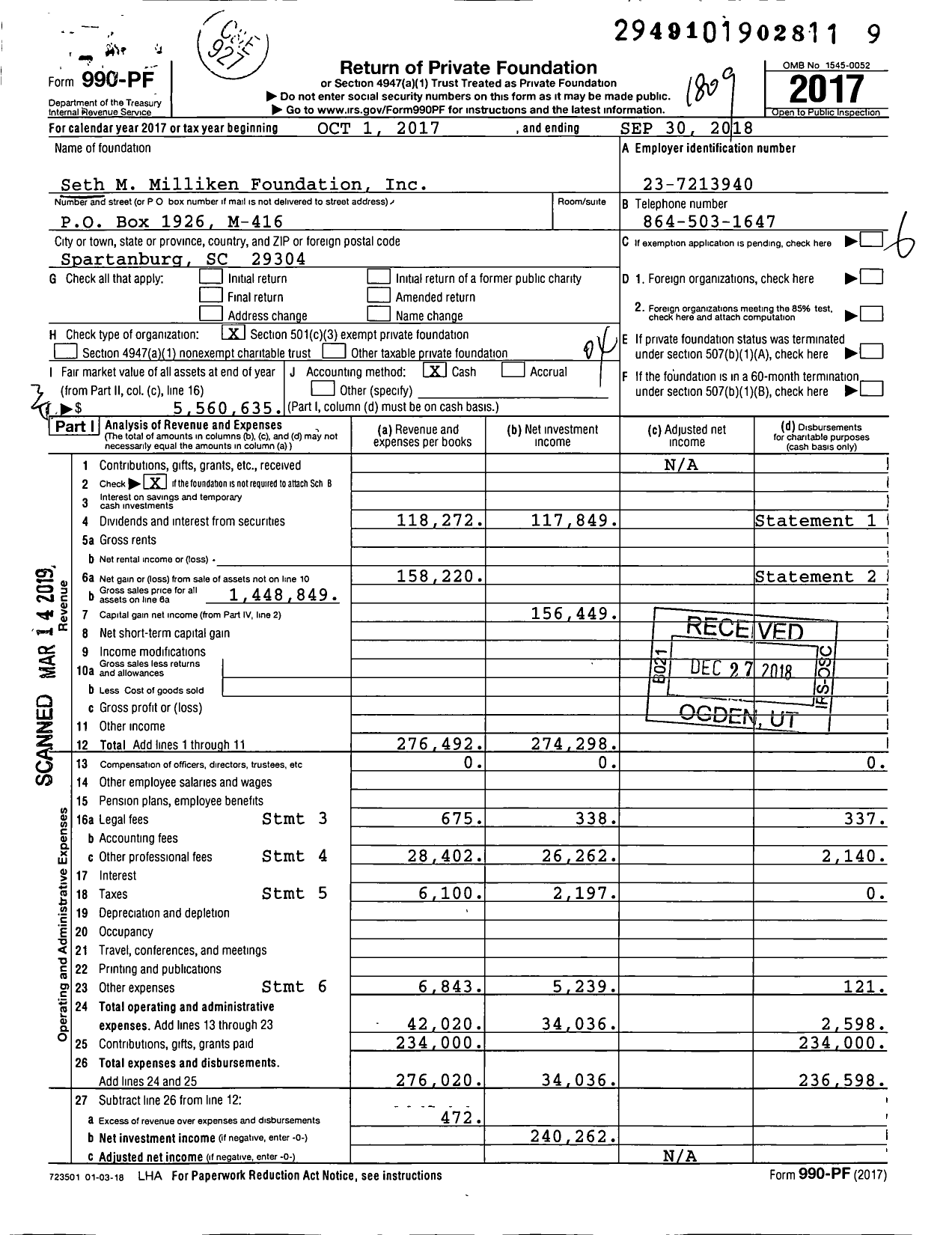 Image of first page of 2017 Form 990PF for Seth M Milliken Foundation