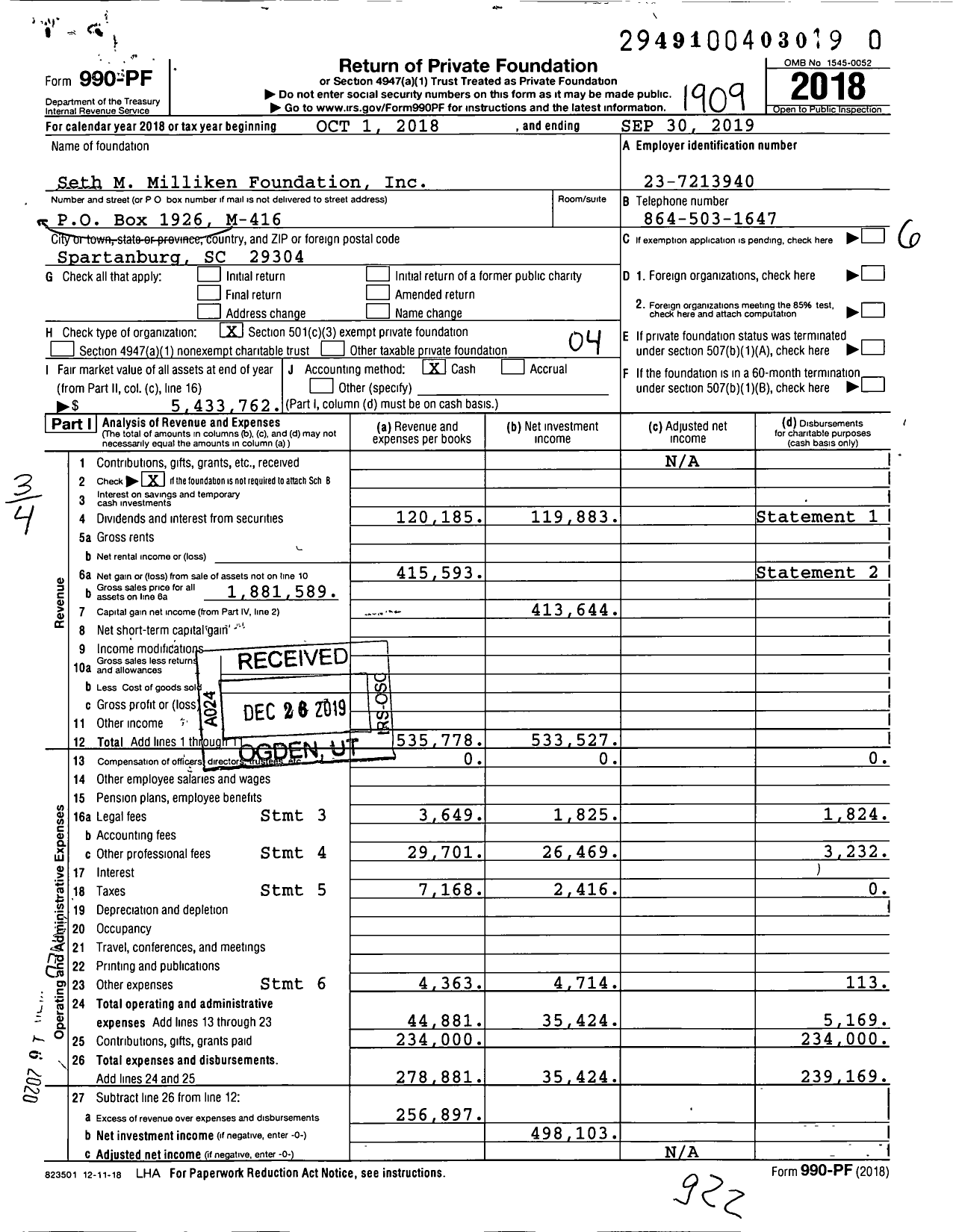 Image of first page of 2018 Form 990PR for Seth M Milliken Foundation