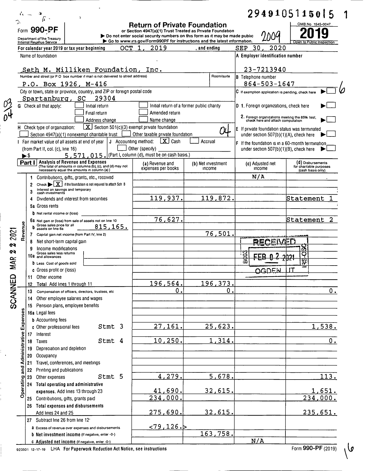 Image of first page of 2019 Form 990PF for Seth M Milliken Foundation
