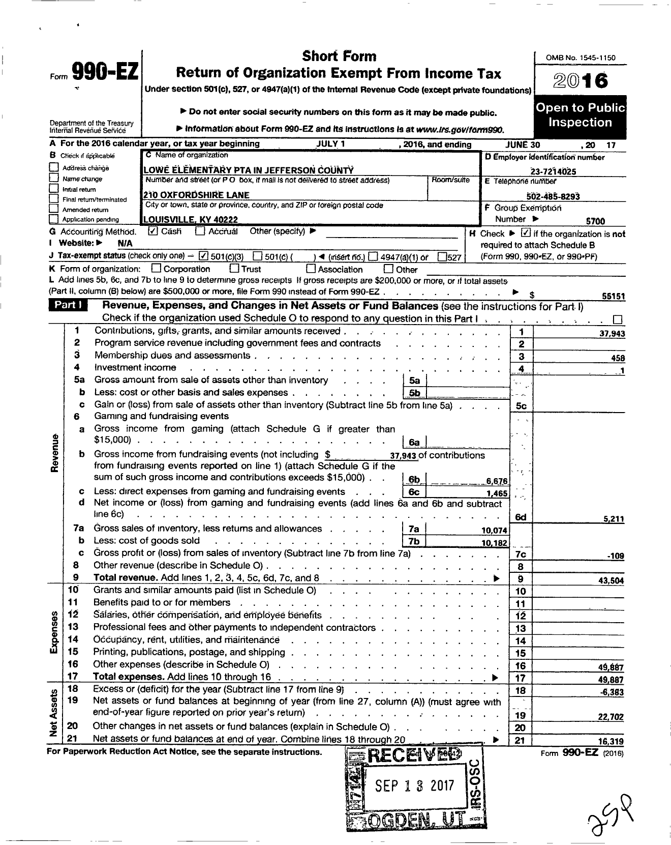 Image of first page of 2016 Form 990EZ for Lowe Elementary PTA in Jefferson County