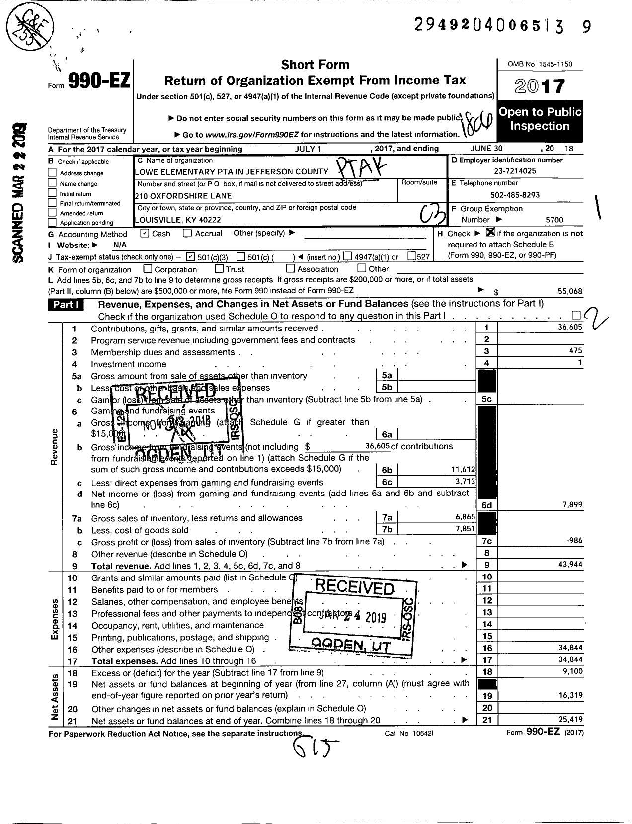 Image of first page of 2017 Form 990EZ for Lowe Elementary PTA in Jefferson County