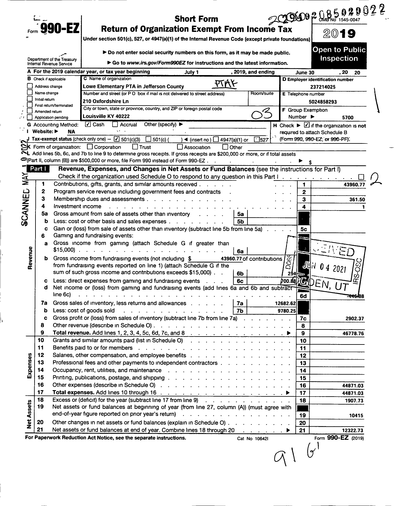 Image of first page of 2019 Form 990EZ for Lowe Elementary PTA in Jefferson County