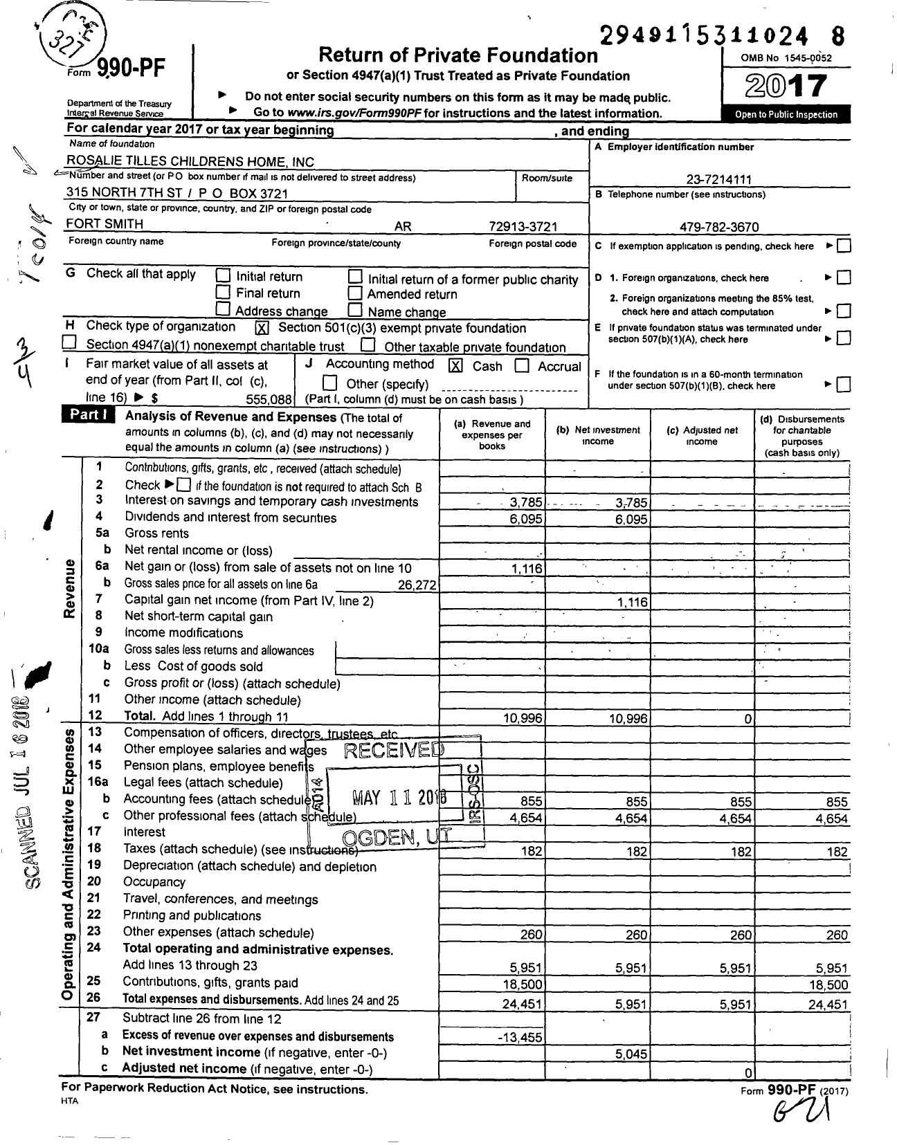 Image of first page of 2017 Form 990PF for Rosalie Tilles Childrens Home