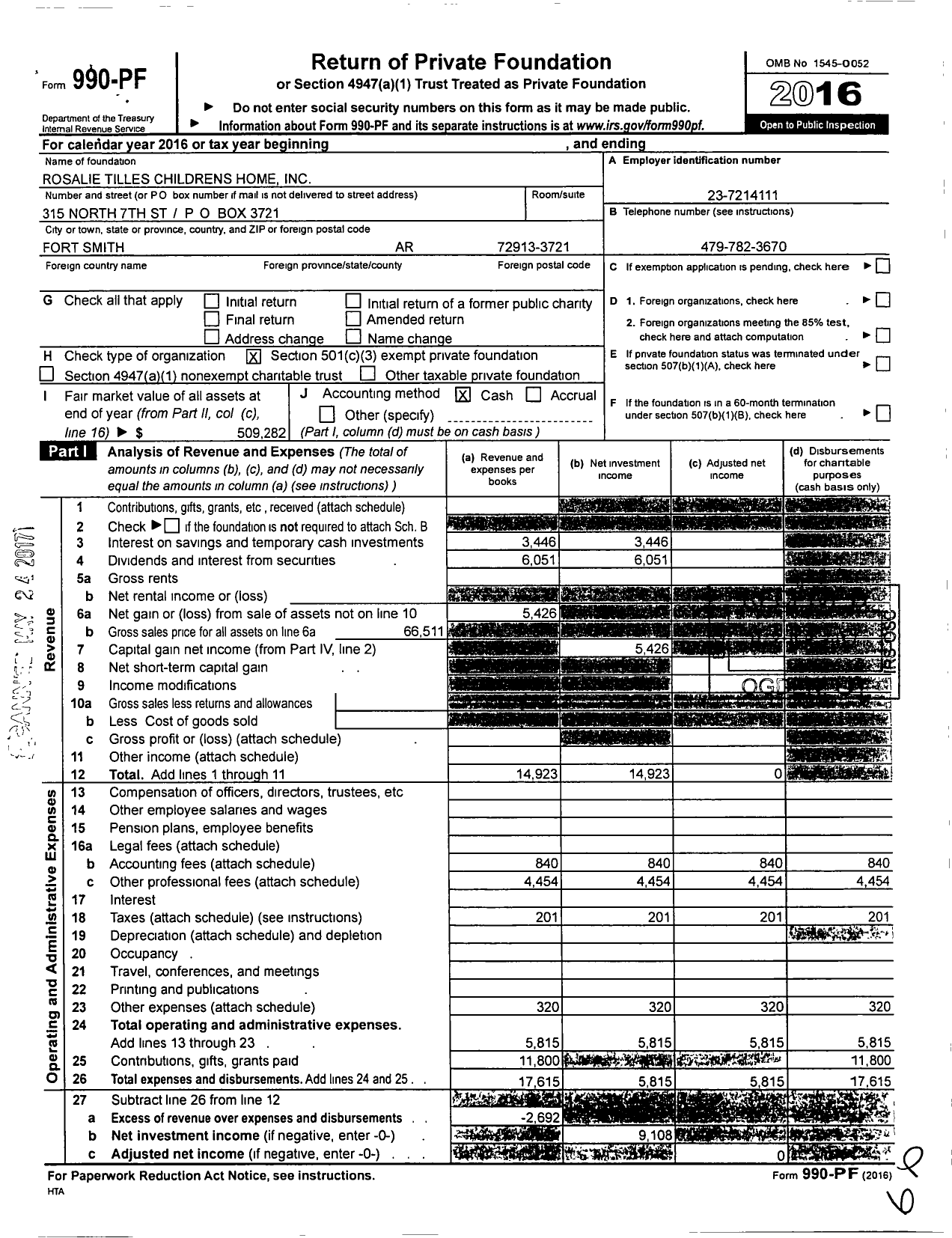 Image of first page of 2016 Form 990PF for Rosalie Tilles Childrens Home