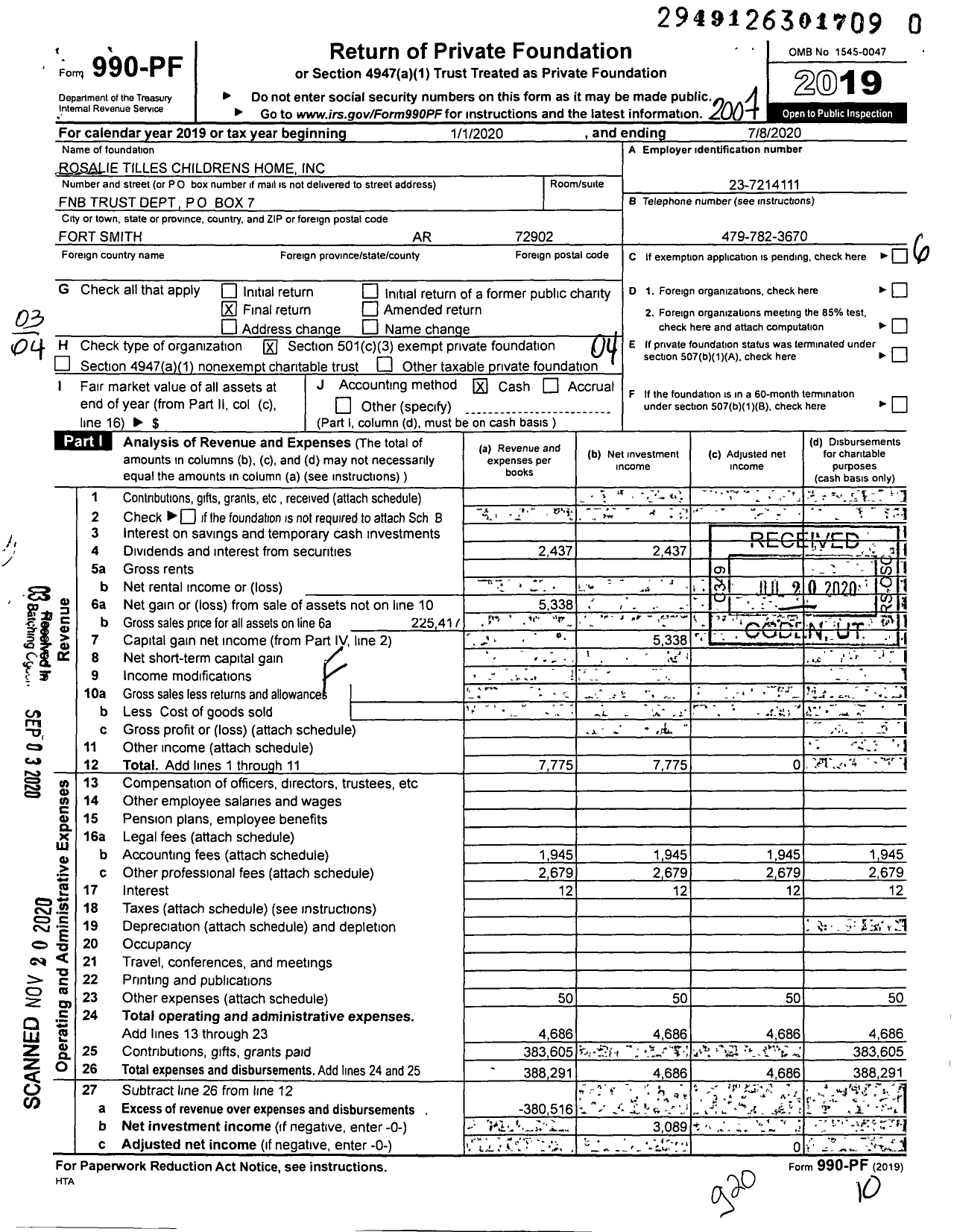 Image of first page of 2019 Form 990PF for Rosalie Tilles Childrens Home