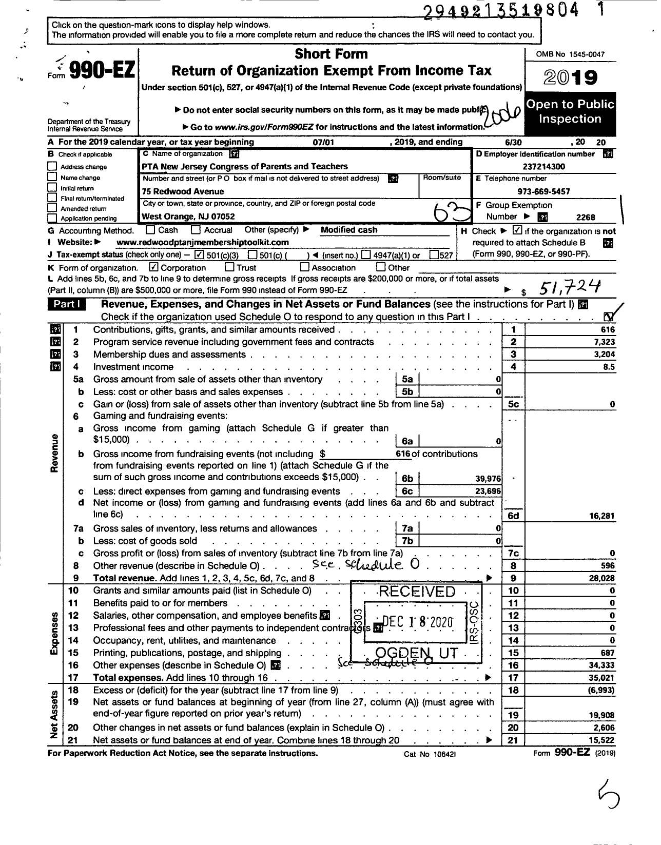 Image of first page of 2019 Form 990EZ for New Jersey PTA - 18572 Redwood School