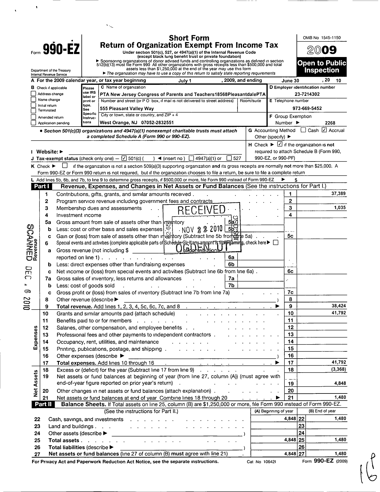 Image of first page of 2009 Form 990EO for New Jersey PTA - 18568 Kelly Elementary SCH PTA