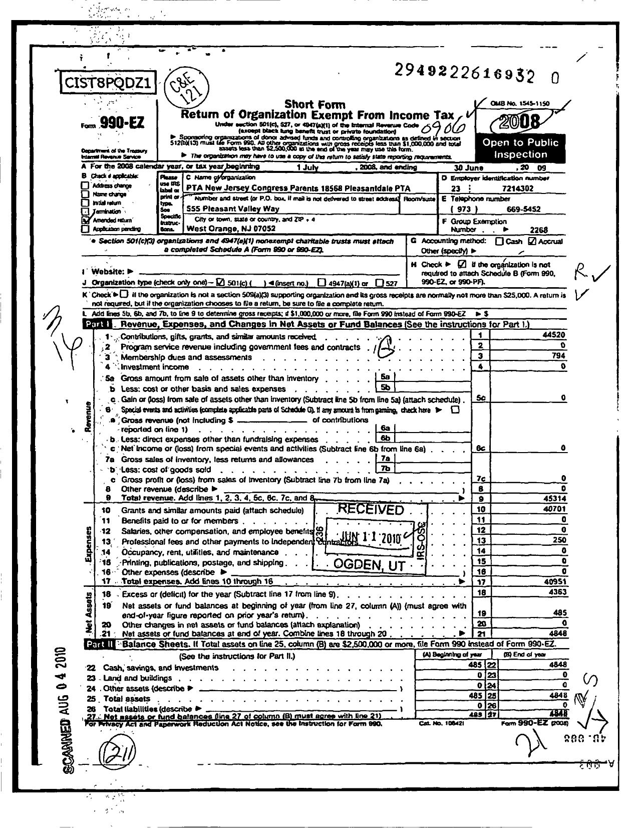 Image of first page of 2008 Form 990ER for New Jersey PTA - 18568 Kelly Elementary SCH PTA