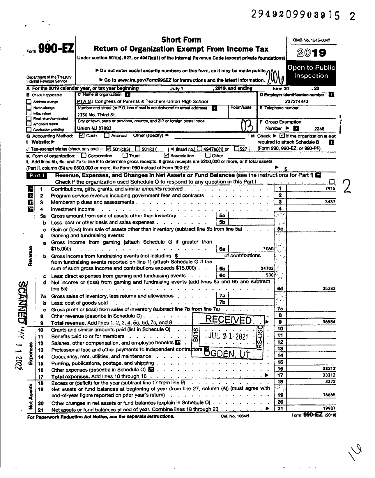 Image of first page of 2019 Form 990EZ for New Jersey PTA - 18636 Union High School PTA