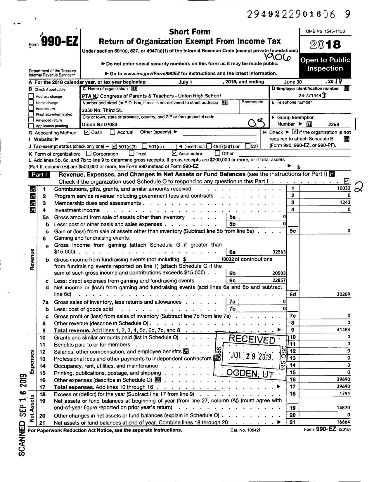 Image of first page of 2018 Form 990EZ for New Jersey PTA - 18636 Union High School PTA