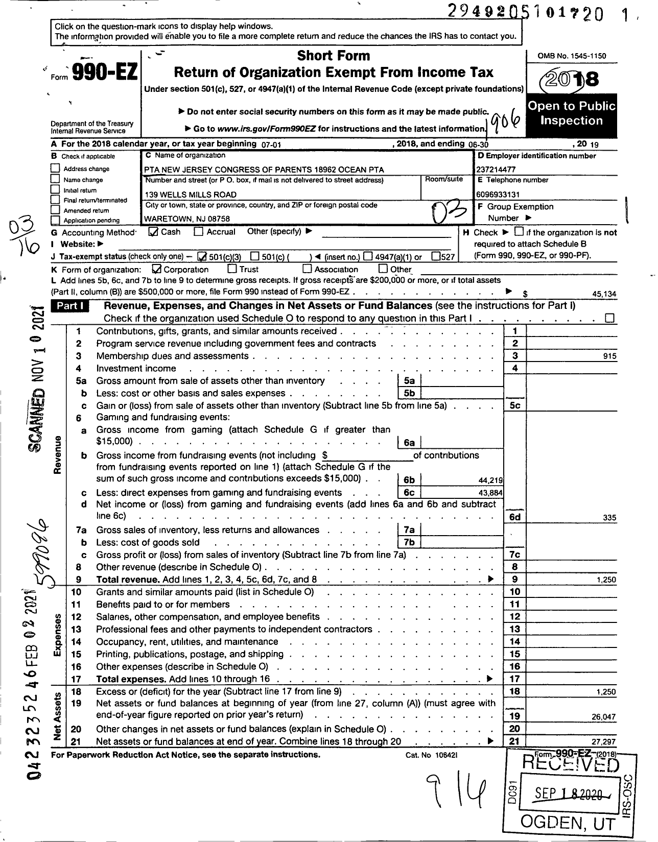 Image of first page of 2018 Form 990EZ for New Jersey PTA - 18962 Ocean Twp PTA