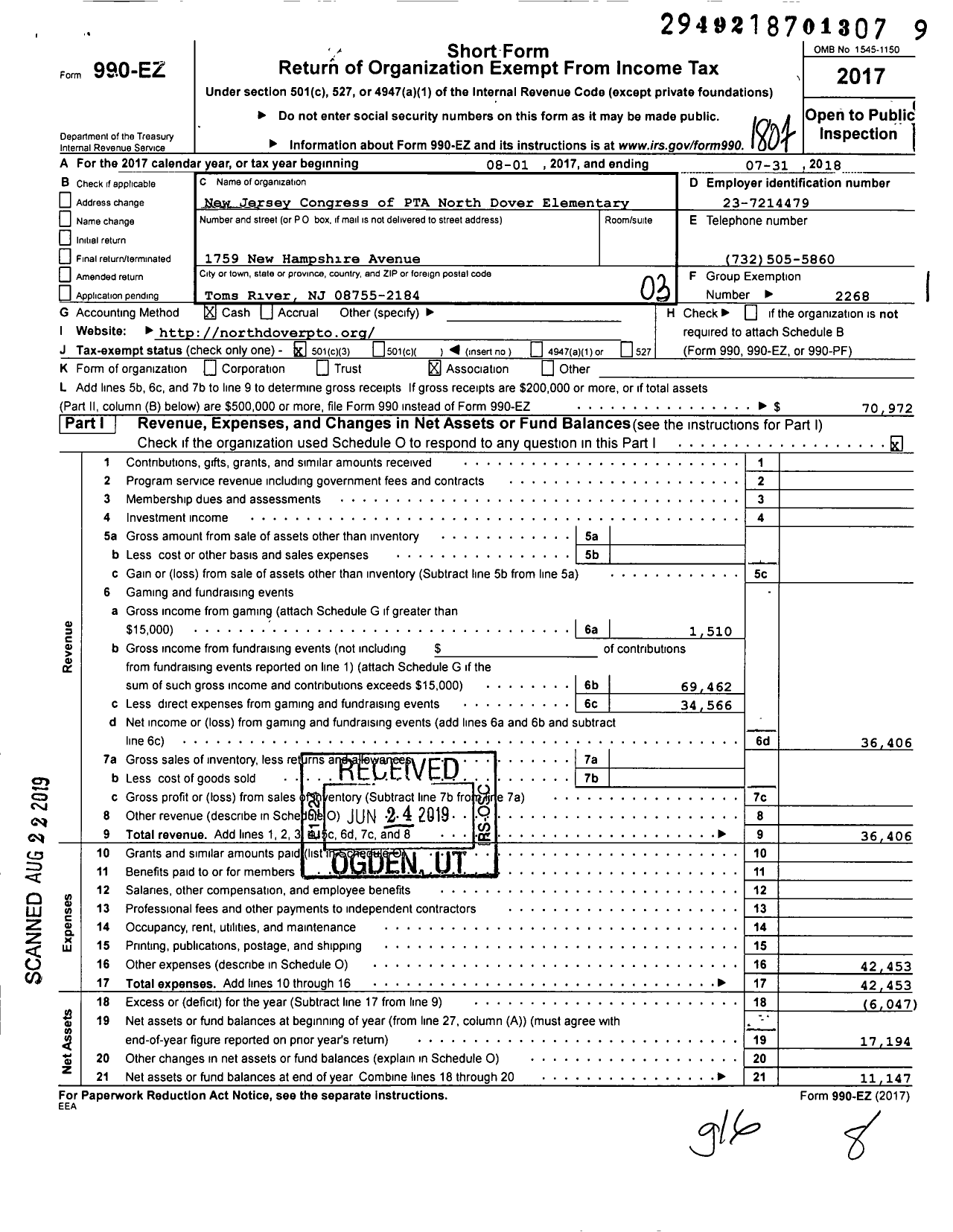 Image of first page of 2017 Form 990EZ for New Jersey PTA - Pta-Nj