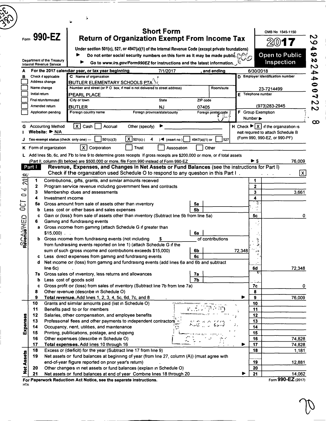 Image of first page of 2017 Form 990EO for New Jersey PTA - 18742 Butler Es PTA