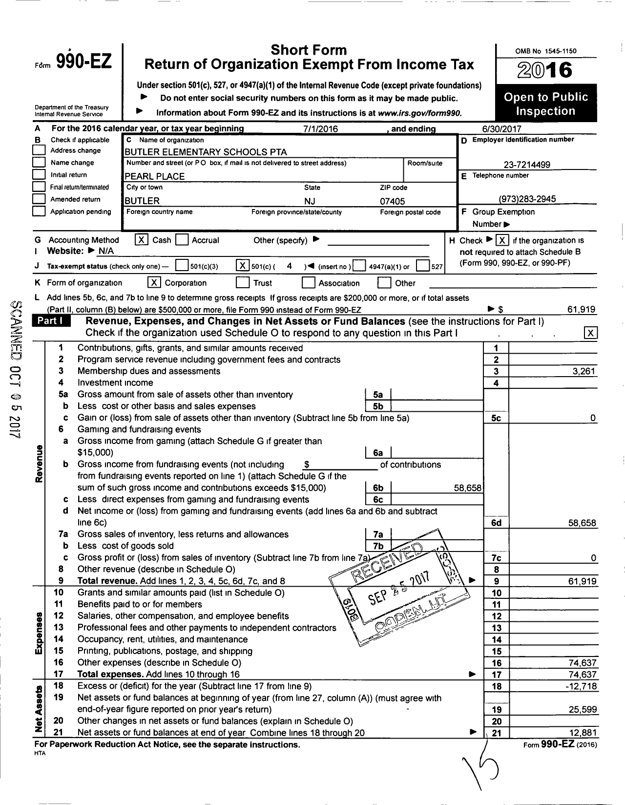 Image of first page of 2016 Form 990EO for New Jersey PTA - 18742 Butler Es PTA