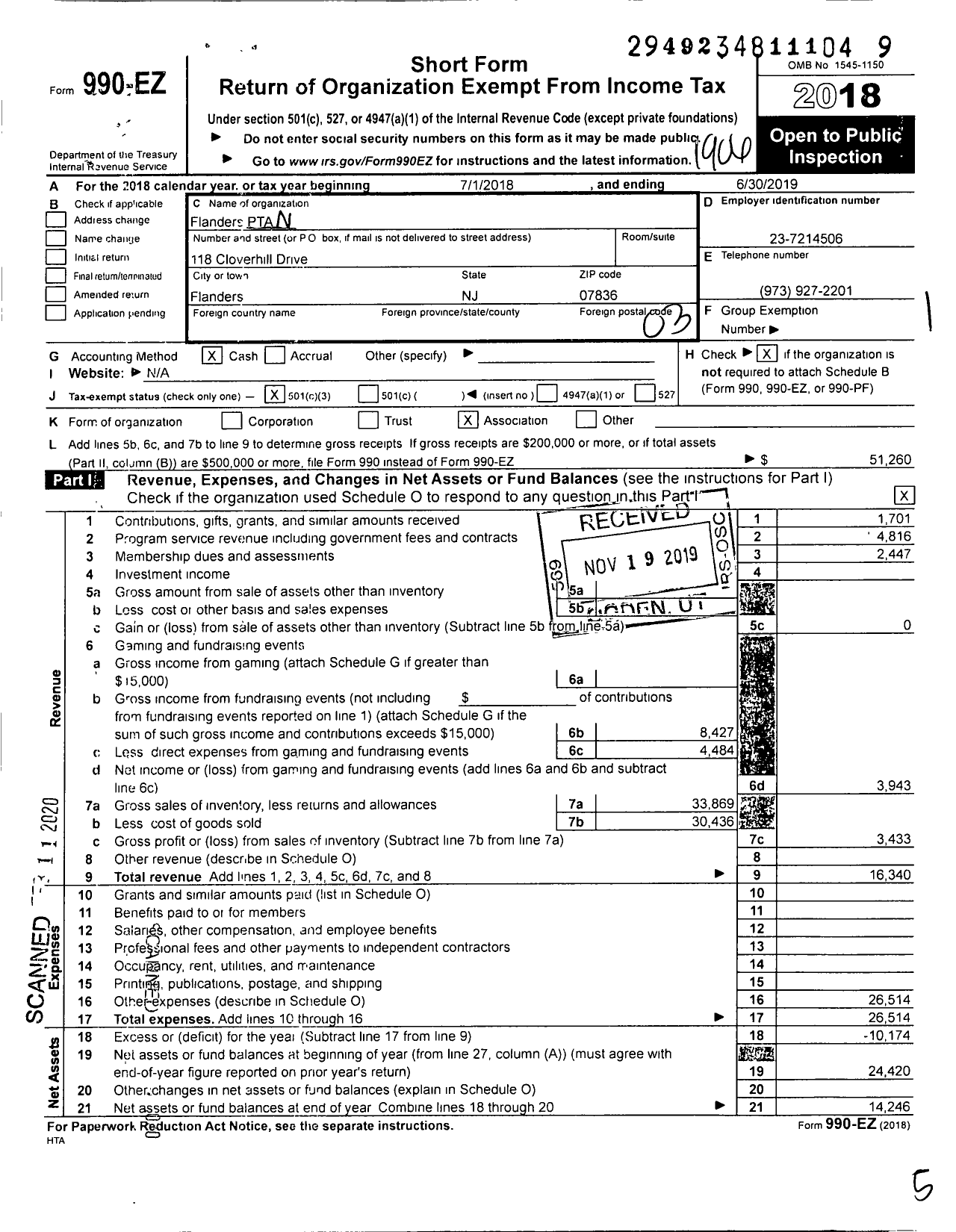 Image of first page of 2018 Form 990EZ for New Jersey PTA - 18900 Flanders PTA